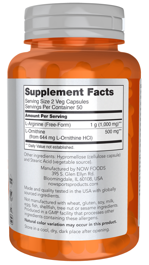 NOW Arginine & Ornithine 500 mg / 250 mg (100 Veg Caps)