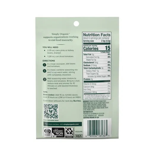 Simply Organic Vegetarian Chili Seasoning Mix 1.00 oz.