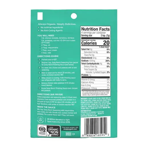 Simply Organic Sheet Pan Seasoning, Zesty Ranch 0.99 oz.