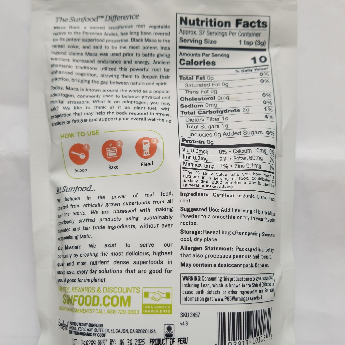 Sunfood Organic Black Maca Powder 4oz