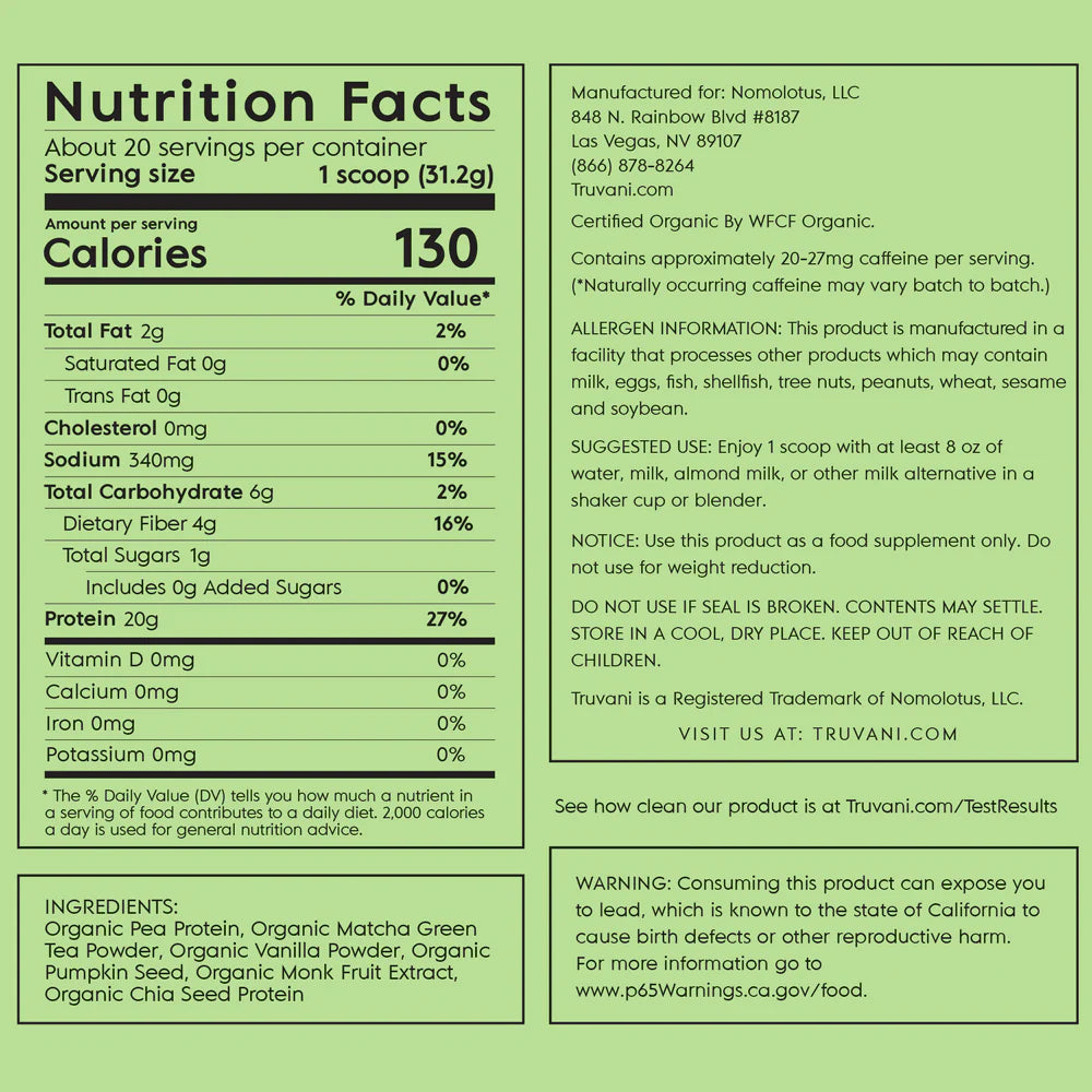 Truvani Plant Based Protein Powder (Matcha) Single Serve