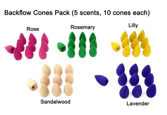 Backflow Cones Pack ( 5 scents, 10 cones each) - Sandalwood, Lavender, Rose, Lilly, Rosemary)