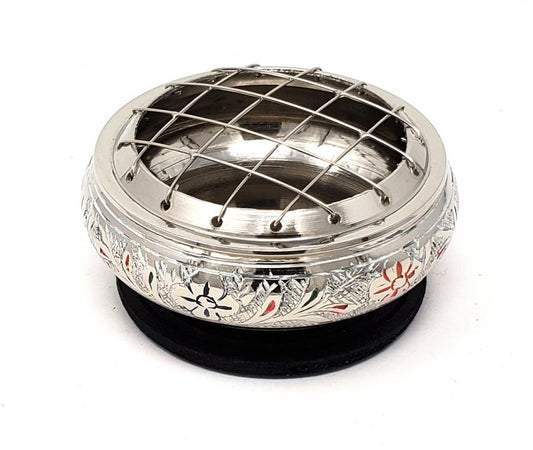 Silver finish colorful engraved Brass Screen Charcoal Burner 2.75"D x 1.75" with wood coaster