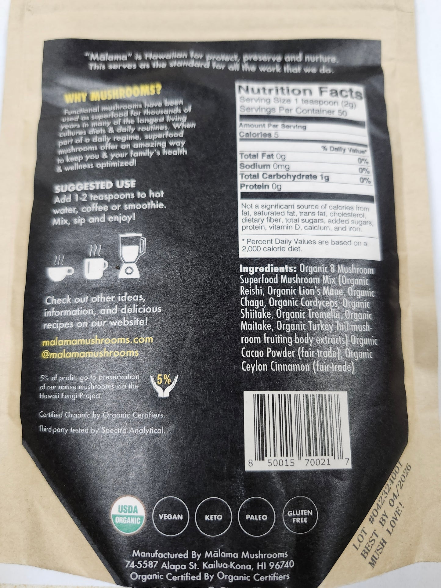 Malama Mushroom Powder mix (Cacao) 3.5oz