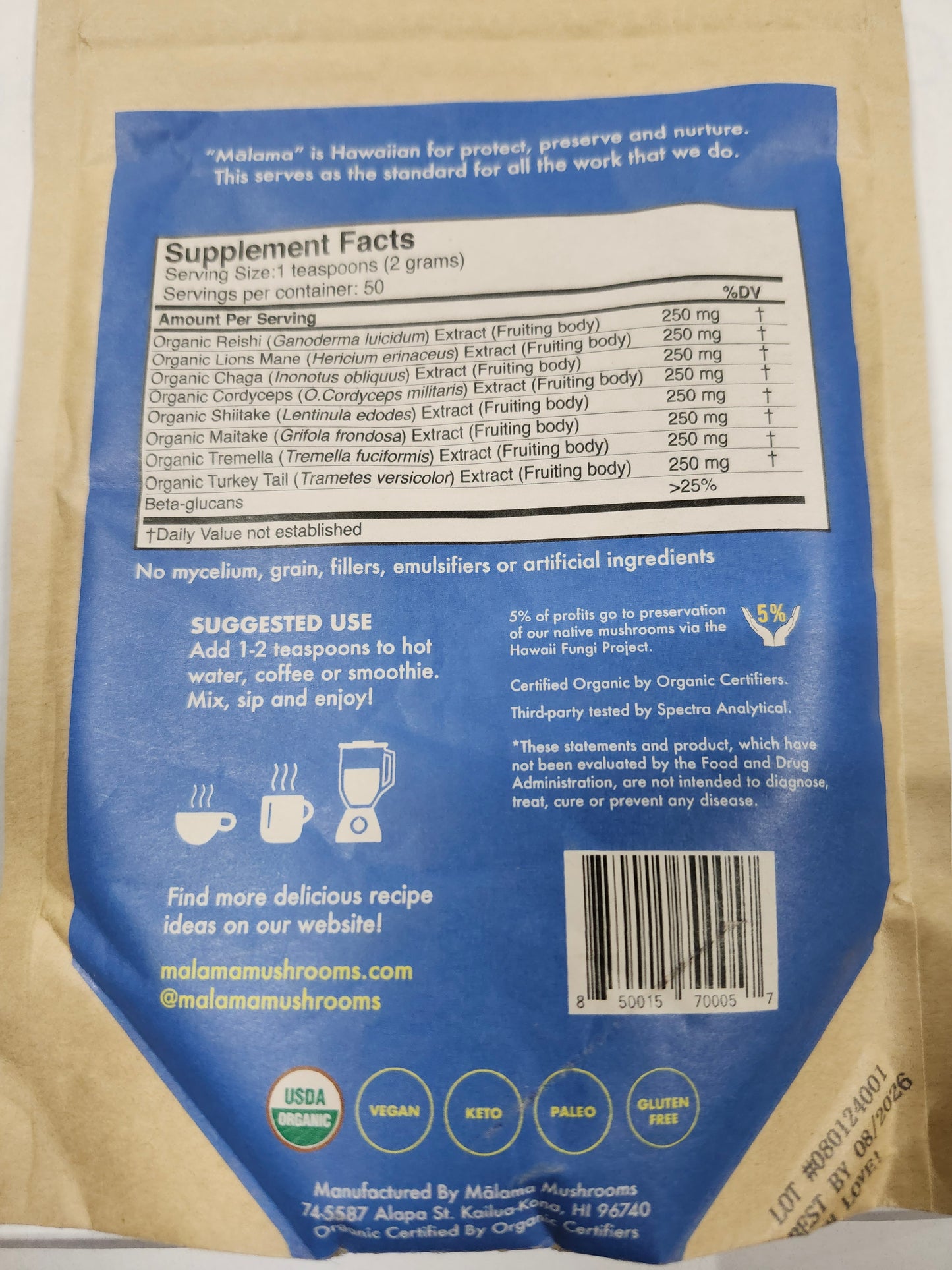 Malama Mushroom Powder Mix 3.5oz