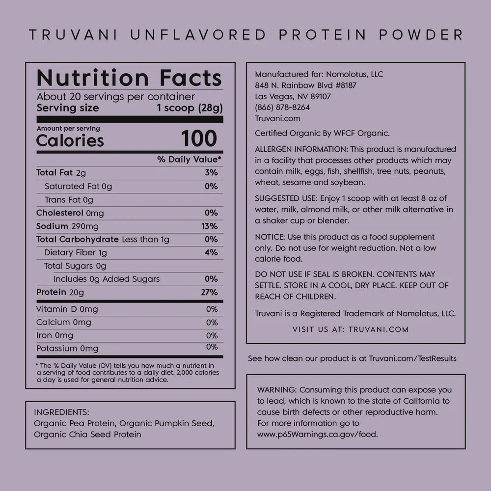 Truvani Plant Based Protein Powder (Unflavored & Unsweetened) Single Serve