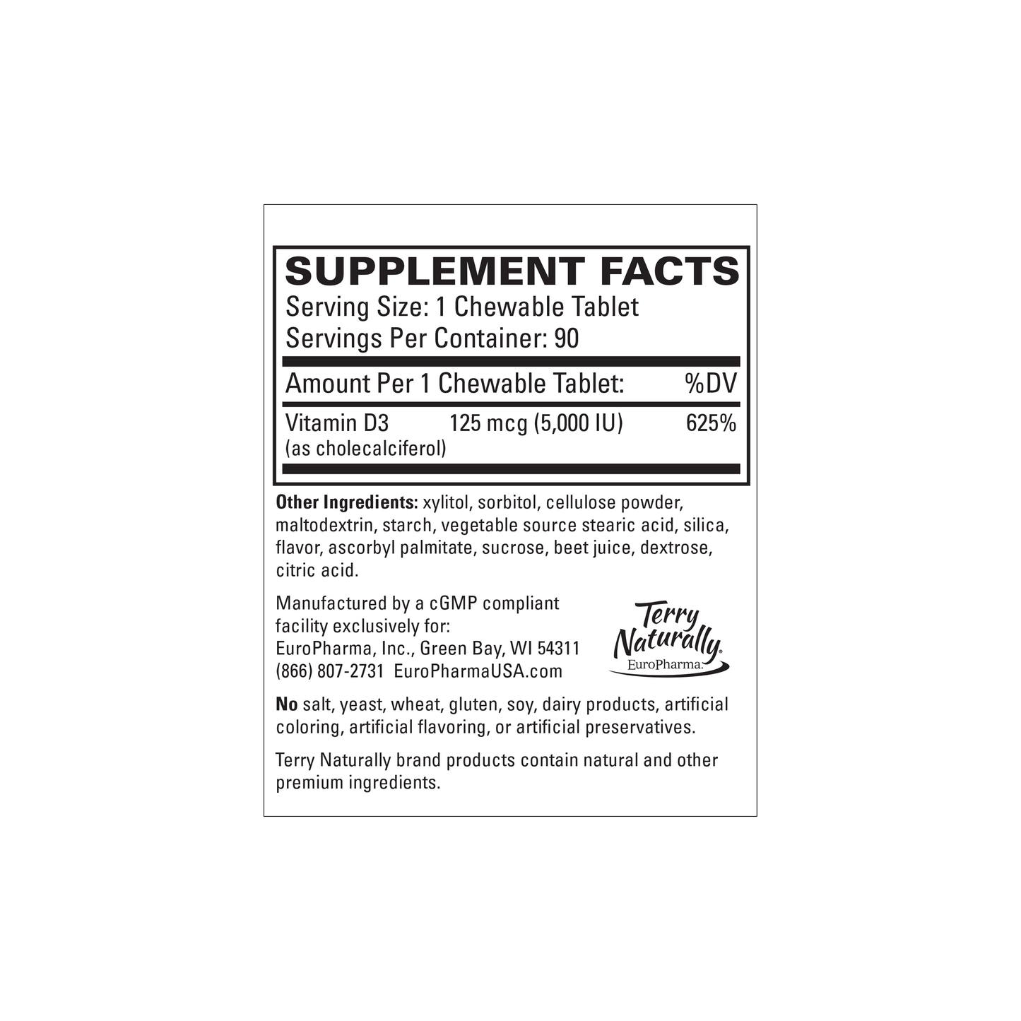 Terry Naturally Vitamin D3 (5,000 IU) (90 Chews)