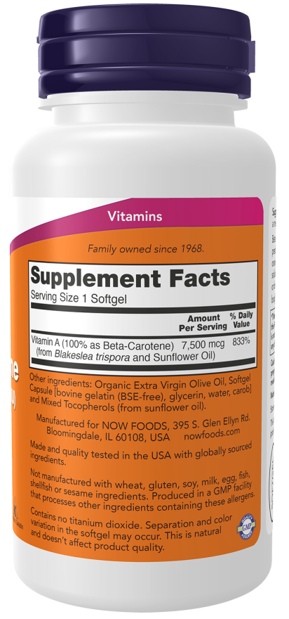 NOW Beta Carotene, Natural 7,500 mcg (90 Softgels)