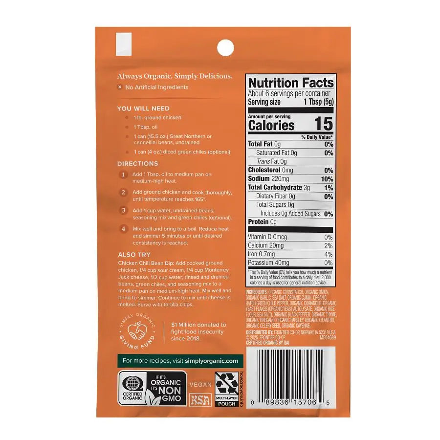 Simply Organic White Chicken Chili Seasoning Mix 1.00 oz.