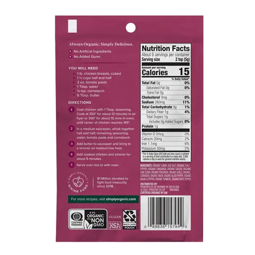 Simply Organic Butter Chicken North Indian Style Seasoning Mix 1.13 oz.