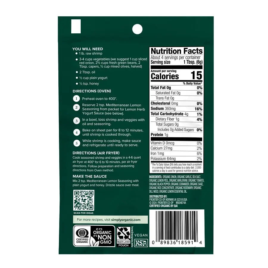 Simply Organic Sheet Pan Seasoning, Mediterranean Lemon 0.85 oz.