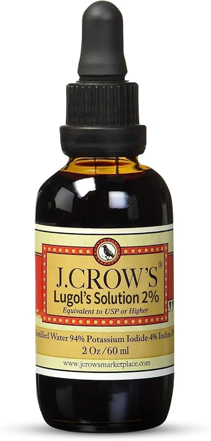 J.CROW'S® Lugol's Iodine 2% Solution, Iodine & Potassium Iodide 2 oz Bottle - Liquid Supplement Drops - Non-GMO, Alcohol-Free - 1200 Drops
