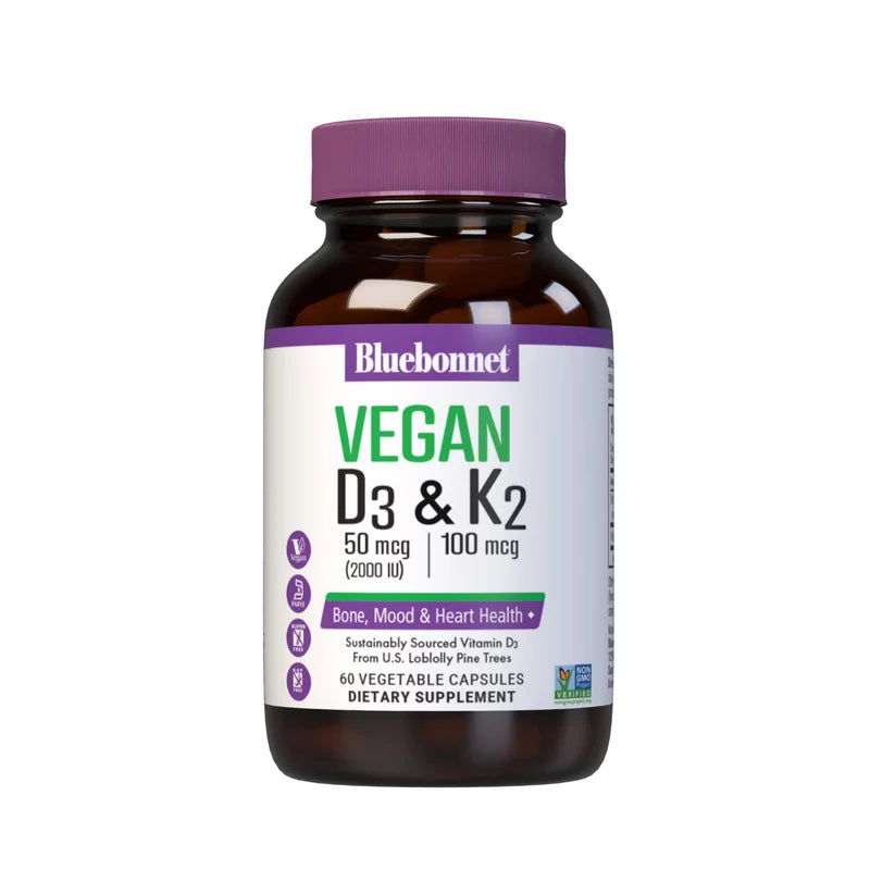 Bluebonnet VEGAN VITAMIN D3 50 mcg (2000 IU) & K2 100 mcg (60 Veg Caps)