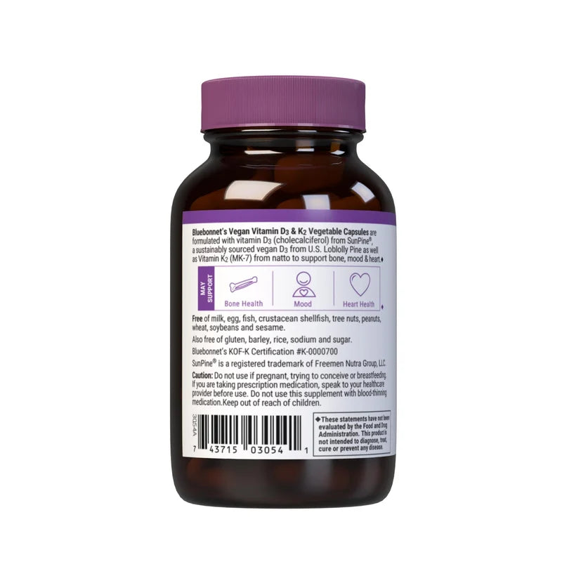 Bluebonnet VEGAN VITAMIN D3 50 mcg (2000 IU) & K2 100 mcg (60 Veg Caps)
