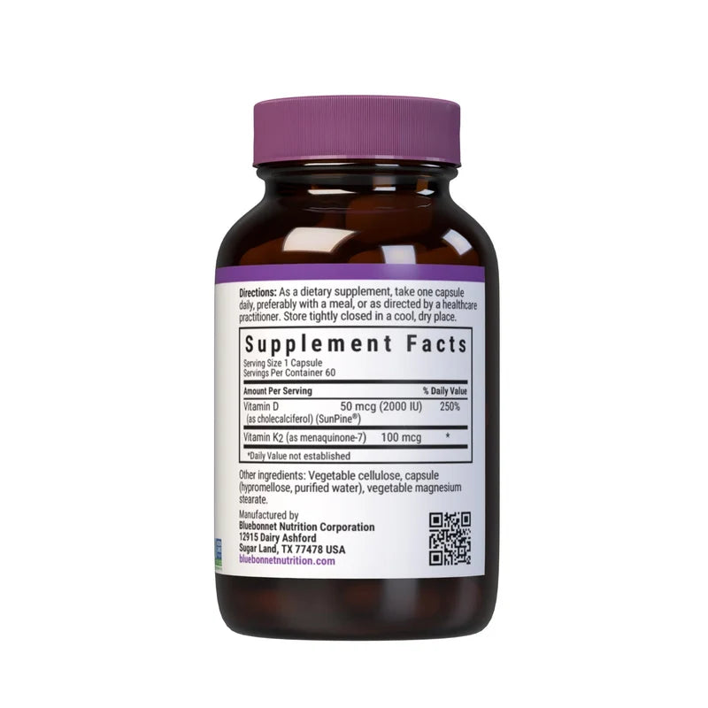Bluebonnet VEGAN VITAMIN D3 50 mcg (2000 IU) & K2 100 mcg (60 Veg Caps)