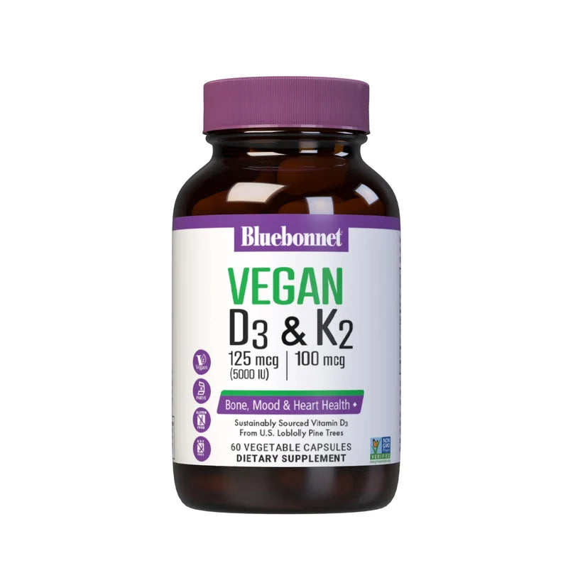 Bluebonnet VEGAN VITAMIN D3 125 mcg (5000 IU) & K2 100 mcg (60 Veg Caps)