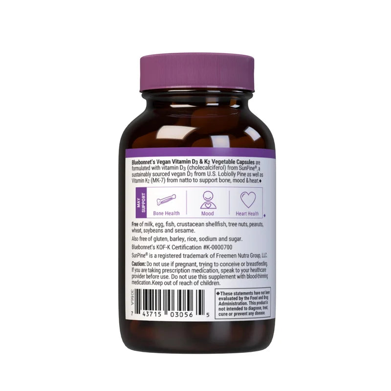 Bluebonnet VEGAN VITAMIN D3 125 mcg (5000 IU) & K2 100 mcg (60 Veg Caps)