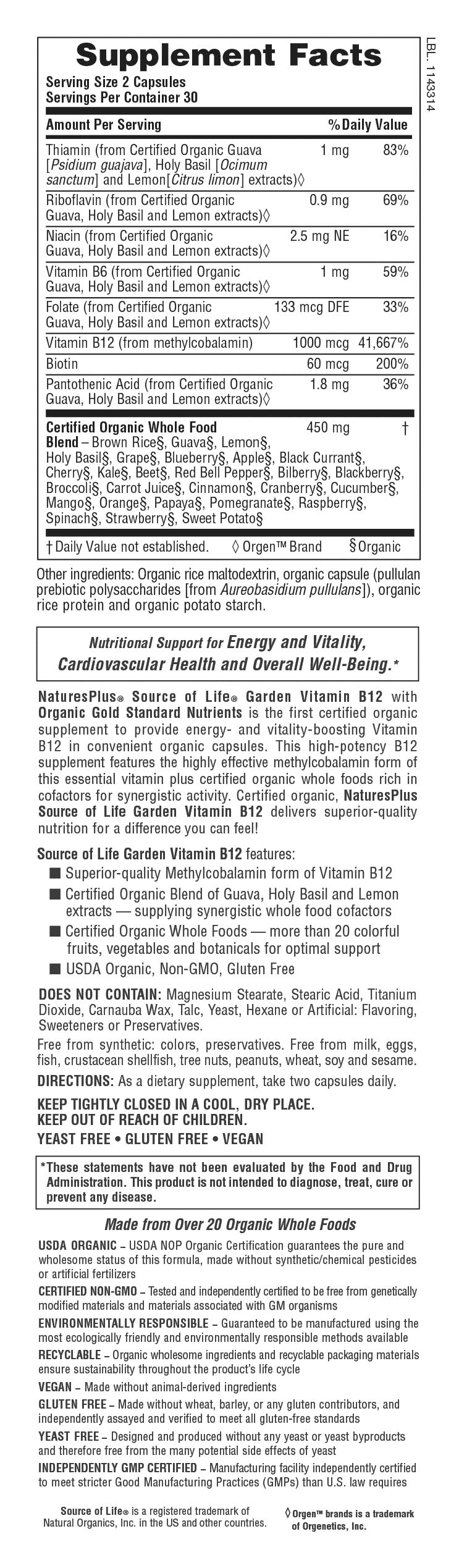 Natures Plus Source of Life® Garden Vitamin B12 Capsules