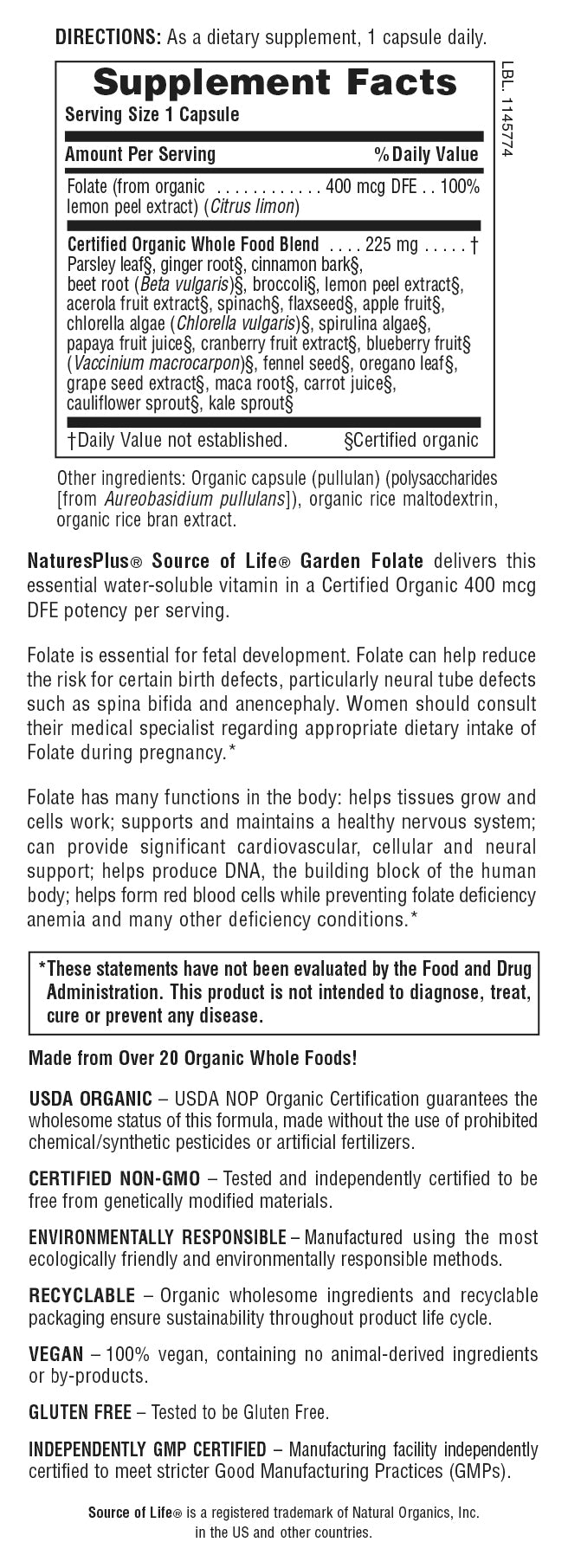 Nature's Plus Source of Life® Garden Folate (60 Veg Caps)