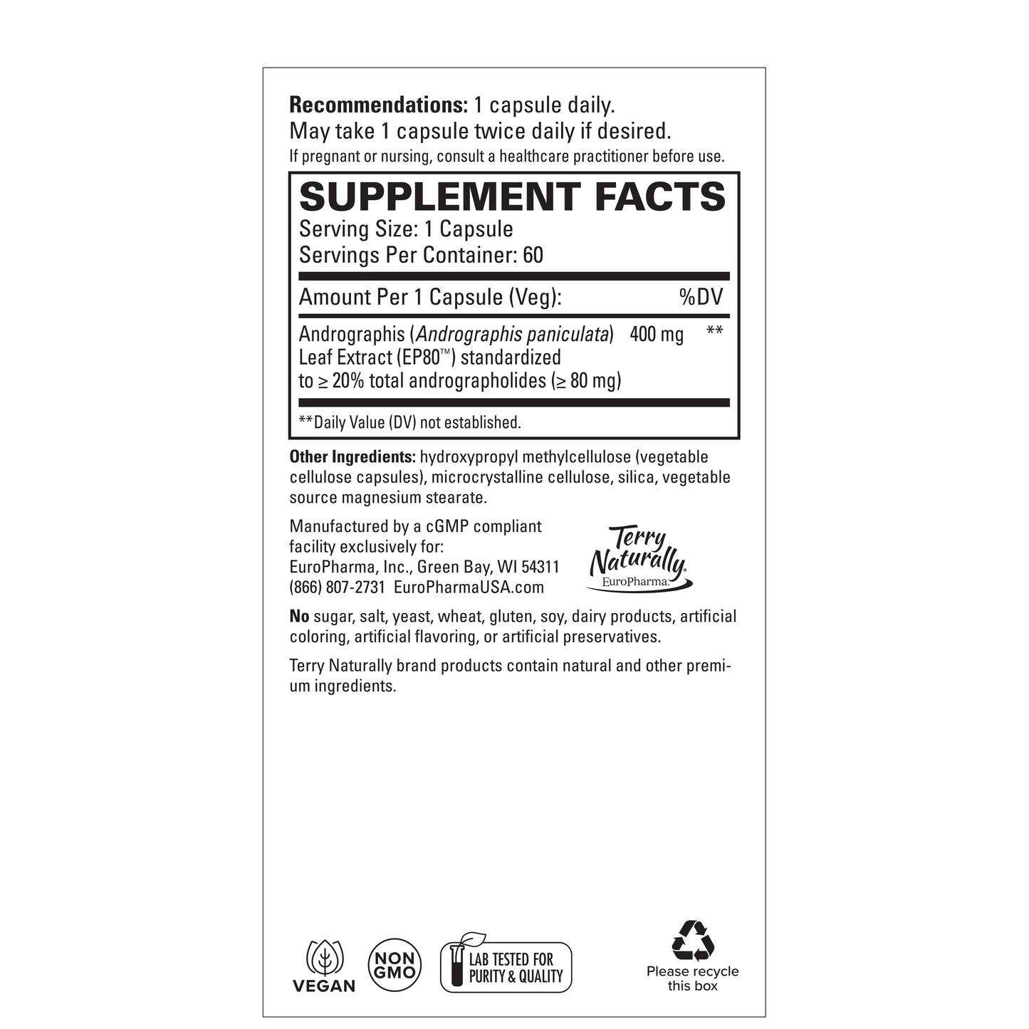 Terry Naturally Andrographis EP80™ Extra Strength (60 Caps)