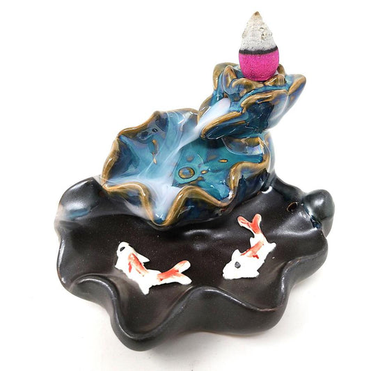 Waterfall Koi Design #4 Backflow Cone Incense Burner 3.75"W x 3"H