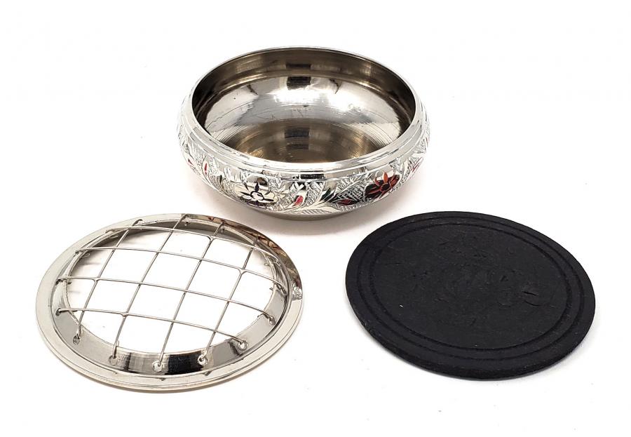 Silver finish colorful engraved Brass Screen Charcoal Burner 2.75"D x 1.75" with wood coaster