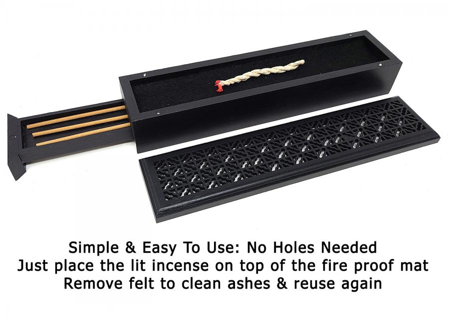 Large Size- Black Finish Wood Incense Box Burner w/Storage (Fire Proof Felt - Just place Incense on Top)