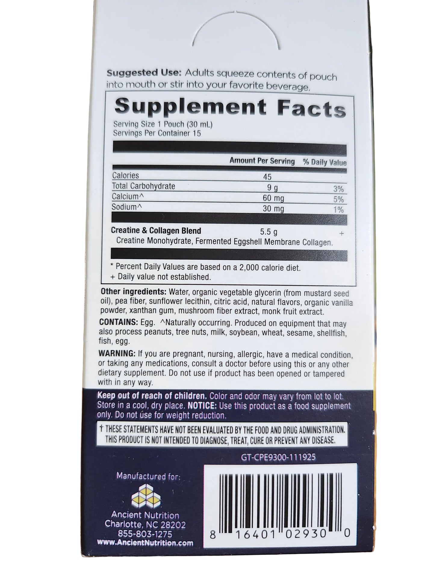 Ancient Nutrition Creatine + Collagen Gel Packs (15 count)