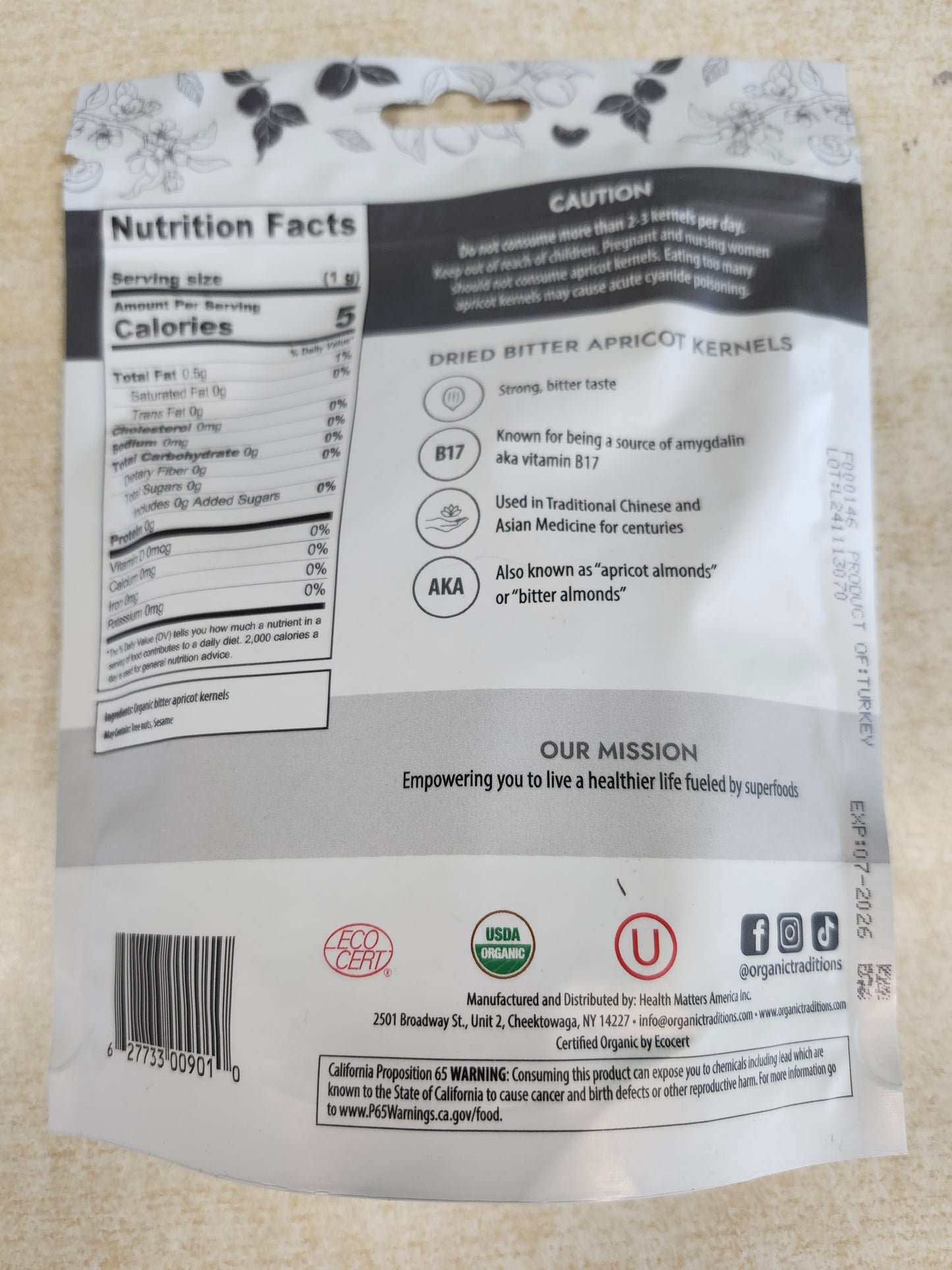 Organic Traditions Dried Bitter Apricot Kernels 8oz