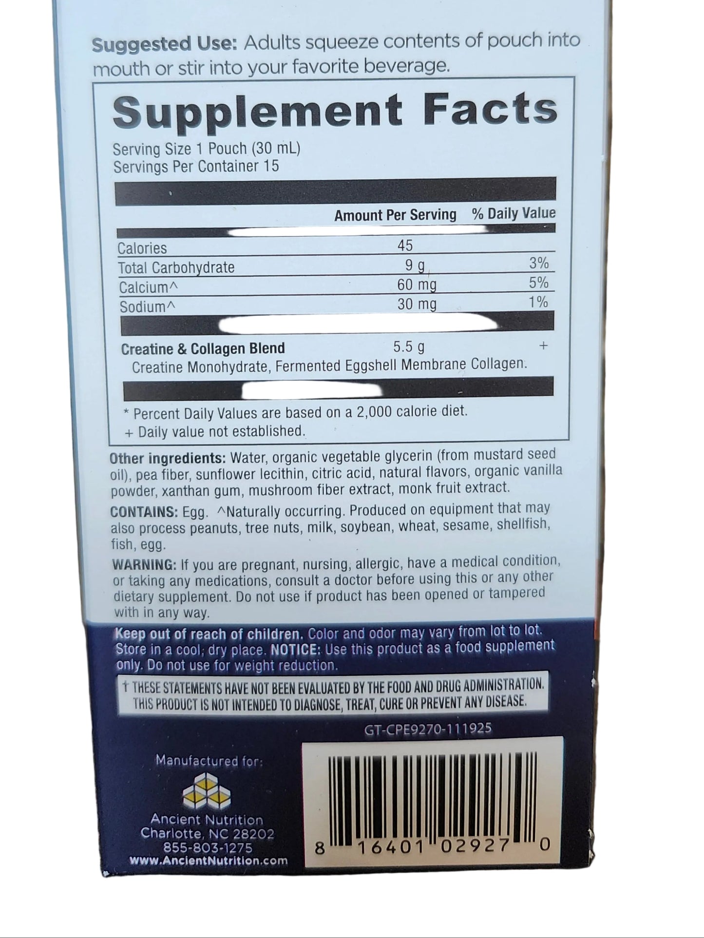 Ancient Nutrition Creatine + Collagen Gel Packs (15 count)